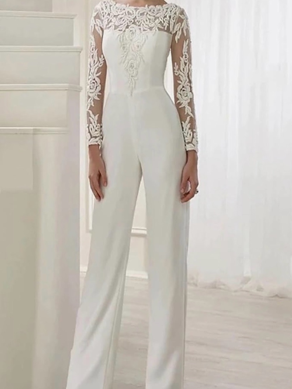Elegant White Lace-Sleeve Jumpsuit